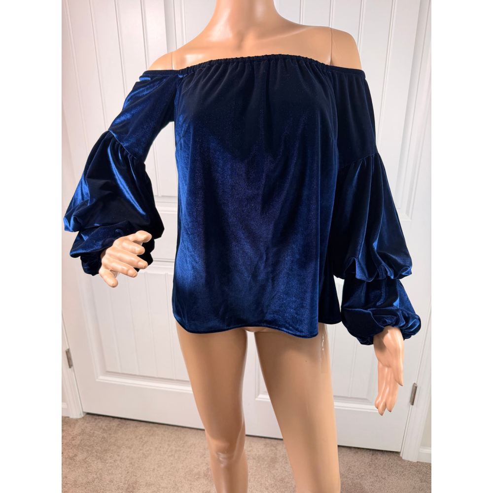Women's Petersyn Blue Velvet Off-Shoulder Blouse Sz S Romantic Luxe Holiday Glam - Picture 2 of 13